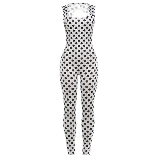 KEXU Women Summer Sexy Backless Sleeveless Polka Dot Printed Jumpsuit High Stretch One Piece Romper Beach Club Daily Party Wear