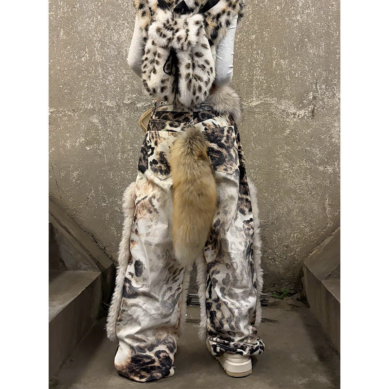 Womens American-Style Retro Leopard-Print Plush-Patchwork Denim Jeans See size chart under “more details”