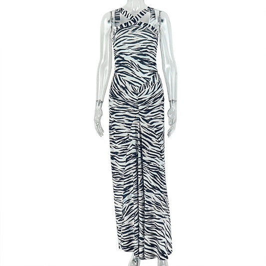 Women Streetwear Printed Leopard Print Hip Dress Cross Strap Sleeveless Slim Dress