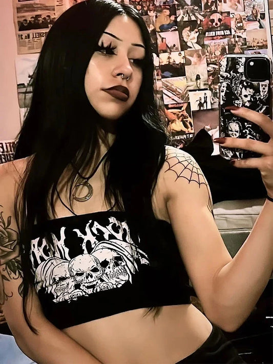Gothic Punk Skull Letter Graphic Crop Top Women Y2K Vintage Grunge Summer Black Cute Tube Top Streetwear Corset Tops Clothes