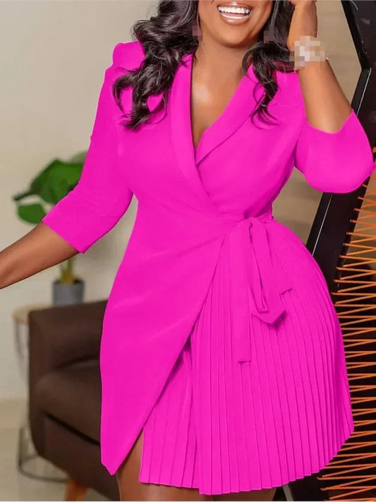 Women Solid Plus Size Folds Dress Neck Pleated Blazer Style Dress Office Vintage Sexy Lady Belt Party Tight Curvy Short Dress
