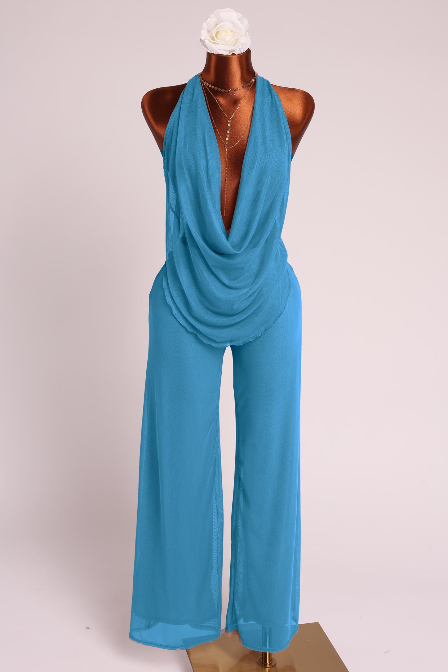 Deep cowl neck sleeveless top & pants set