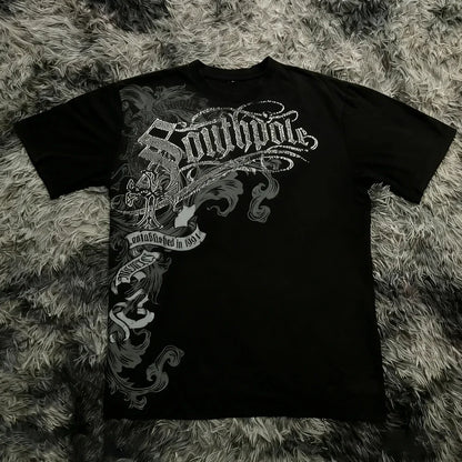 Classic Y2K Gothic Style T-shirt Print Oversized T Shirt High Street Shirts Gothic Round Neck Cotton Tops New Mens Women T Shirt