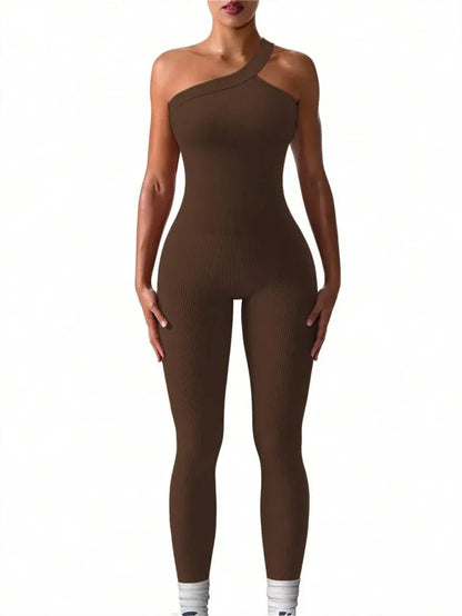 Women Knit One Shoulder Yoga Jumpsuit Solid Color Workout Ribbed Sport Jumpsuits Casual One Piece