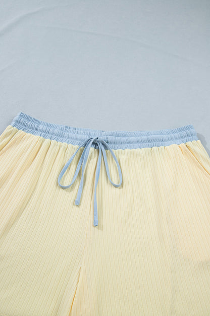 Yellow Cream Plus Size Ribbed Color Block Trim Drawstring Shorts 2pcs Set