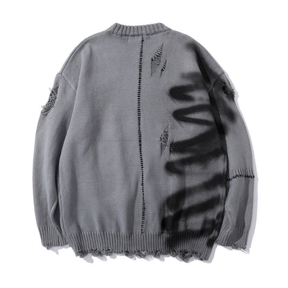 Graffiti Print Crew Neck Knit Sweater Men's Loose Fit Pullover with Hem Holes Street Style Trendy Design