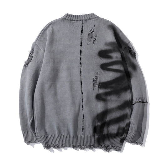 Graffiti Print Crew Neck Knit Sweater Men's Loose Fit Pullover with Hem Holes Street Style Trendy Design