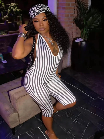STYLISH LADY Retro Vertical Stripe Cross Halter Bodysuit 2026 Women Backless Slim Fit Knee Capri Jumpsuit Street Party Club Wear