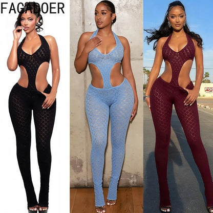 FAGADOER Sexy Lace Hollow-out Patchwork Bodycon Jumpsuits Woman Halter See Through Backless Rompers Female Streetwear Overalls