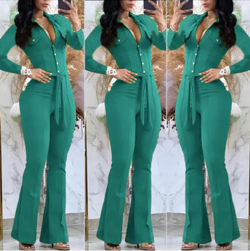 Jumpsuit Women 2023 Autumn Fashion Button Casual Turn-Down Collar Long Sleeve Skinny Bootcut Jumpsuit with Belt Y2K Streetwear