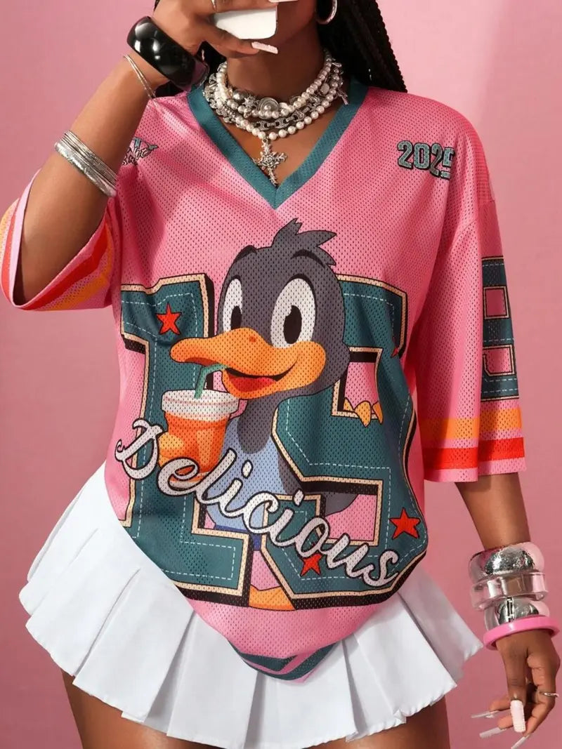 Hip-Hop Sporty Loose Mesh V-Neck Streetwear T-Shirt