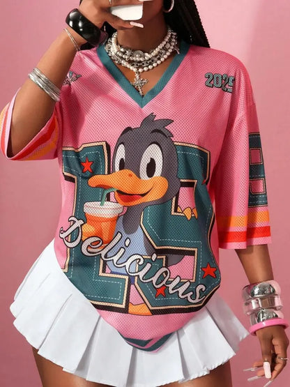 Hip-Hop Sporty Loose Mesh V-Neck Streetwear T-Shirt