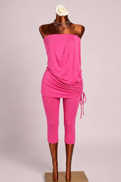 Strapless draping detailed capri jumpsuit