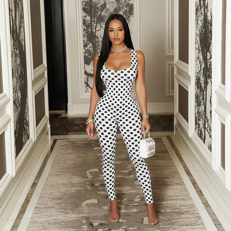 KEXU Women Summer Sexy Backless Sleeveless Polka Dot Printed Jumpsuit High Stretch One Piece Romper Beach Club Daily Party Wear