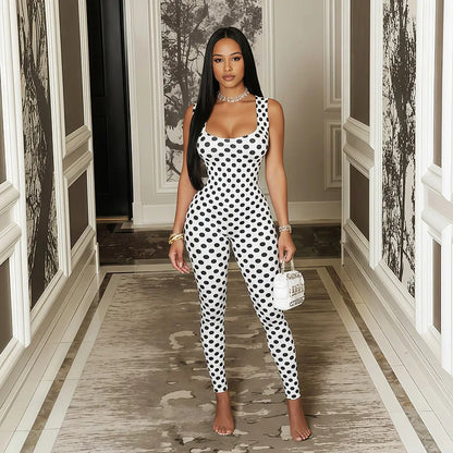 KEXU Women Summer Sexy Backless Sleeveless Polka Dot Printed Jumpsuit High Stretch One Piece Romper Beach Club Daily Party Wear