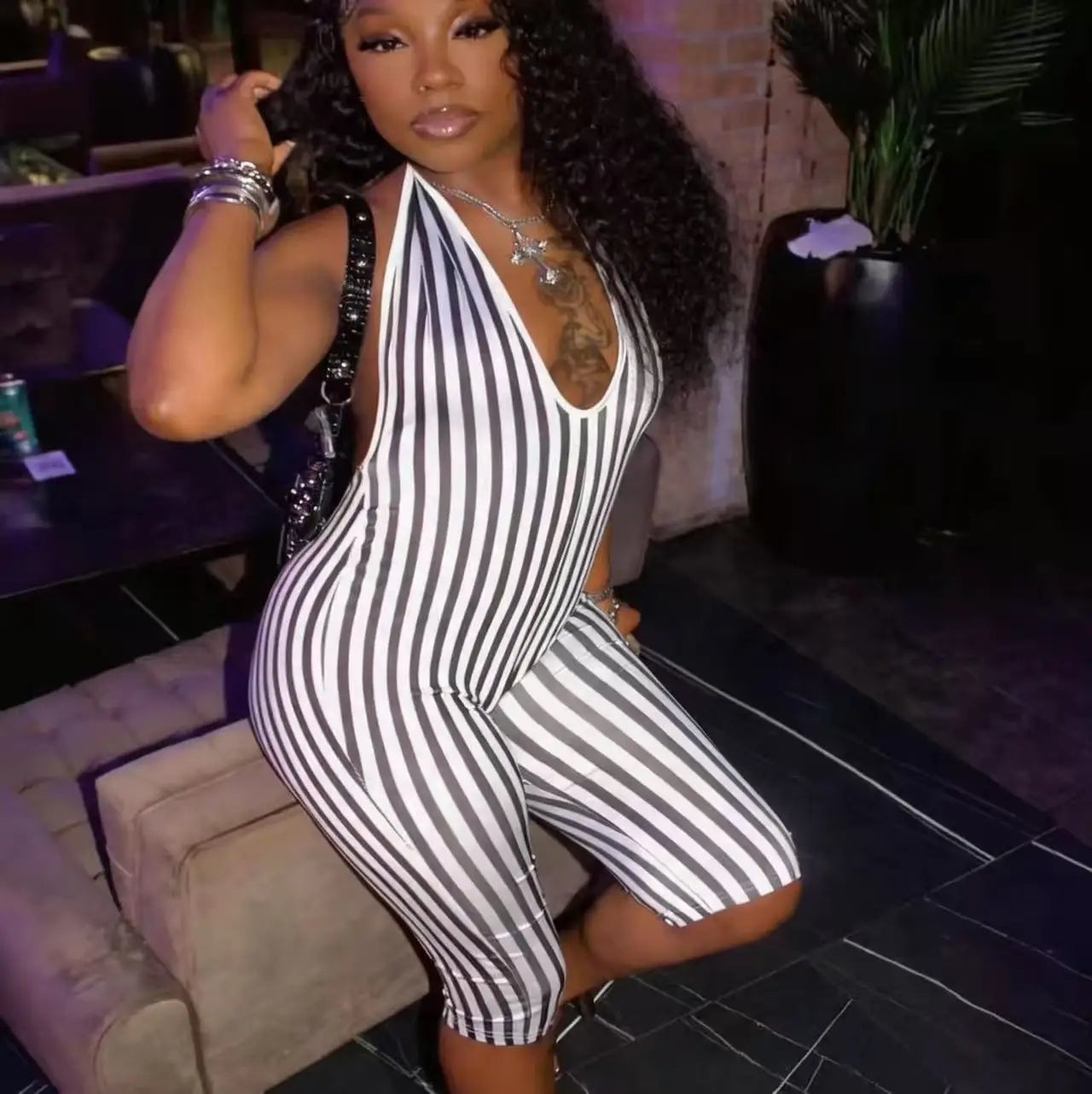 STYLISH LADY Retro Vertical Stripe Cross Halter Bodysuit 2026 Women Backless Slim Fit Knee Capri Jumpsuit Street Party Club Wear