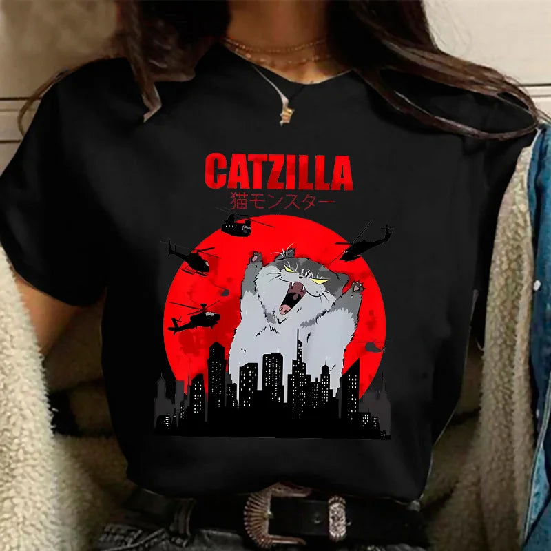90s Funny Cute Art Japanese Cat Graphic for Cat Lover T-Shirt Graphic T Shirts Women's Clothing Fashion