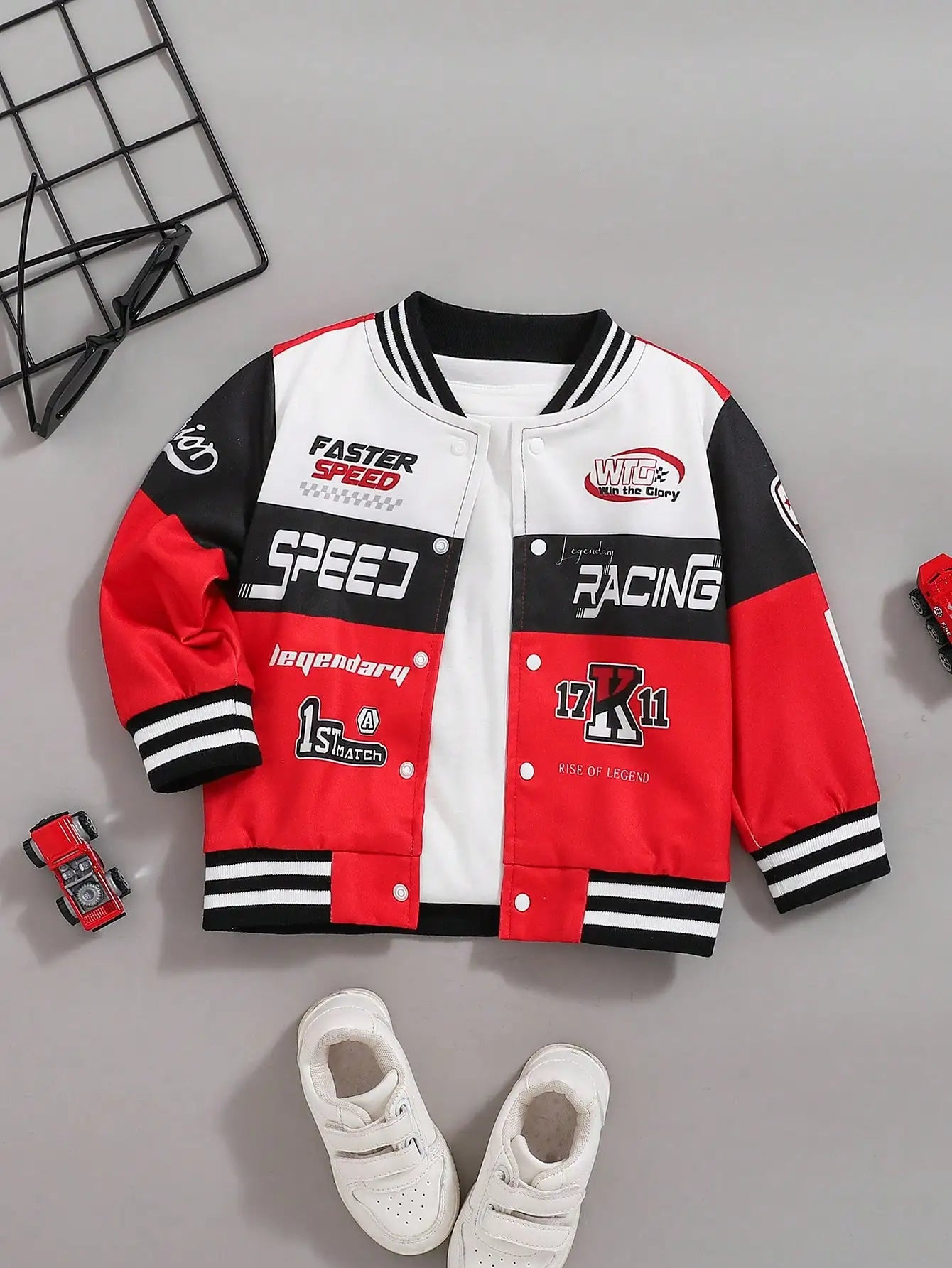 Spring And Autumn Motorcycle Racing Clothing Letter Pattern Printed Red White Black Patchwork Style Trend Outdoor Baby Boy Coat