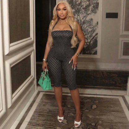 FAGADOER Sexy Polka Dot Halter Romper Fashion Print Backless Bodycon Jumpsuits Women Summer Streetwear Party Club Playsuits New