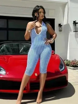 STYLISH LADY Retro Vertical Stripe Cross Halter Bodysuit 2026 Women Backless Slim Fit Knee Capri Jumpsuit Street Party Club Wear