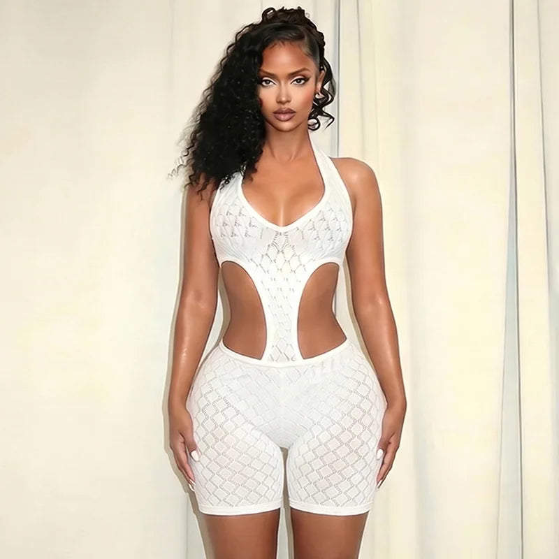 FAGADOER Sexy Lace Hollow-out Patchwork Bodycon Jumpsuits Woman Halter See Through Backless Rompers Female Streetwear Overalls