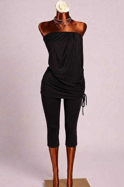 Strapless draping detailed capri jumpsuit