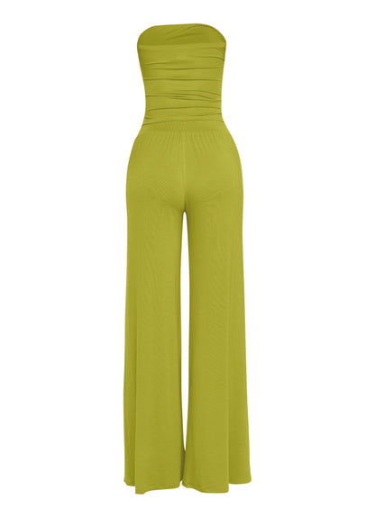 Tie detailed tube top and wide leg pant set