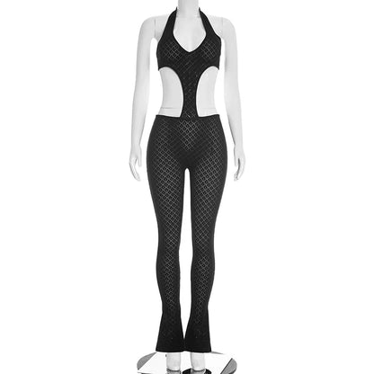 FAGADOER Sexy Lace Hollow-out Patchwork Bodycon Jumpsuits Woman Halter See Through Backless Rompers Female Streetwear Overalls