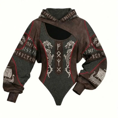 Viking Print Women's Hooded Jumpsuit Two-Piece Set Casual Daily Wear Loungewear for Home Relax Outdoor Stroll Shopping Street