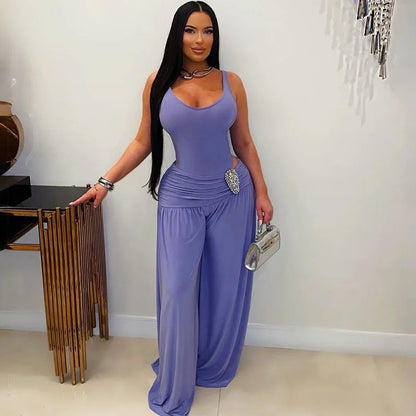 Doyerl Chic Party Club Wear Women's Jumpsuits and Rompers Sleeveless Tank V-neck Hollow Out Ruched Loose Wide Leg Overalls Femme