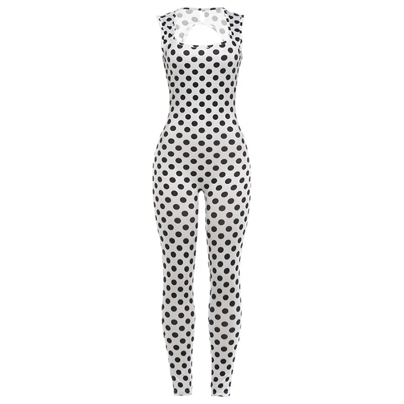 KEXU Women Summer Sexy Backless Sleeveless Polka Dot Printed Jumpsuit High Stretch One Piece Romper Beach Club Daily Party Wear