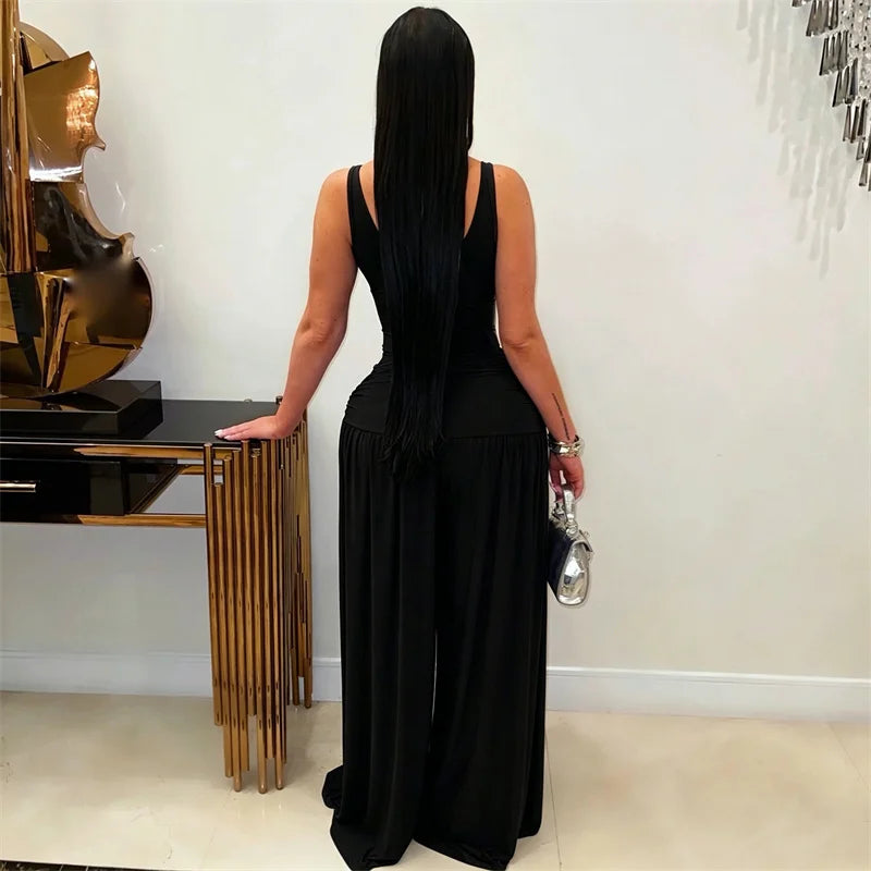 Doyerl Chic Party Club Wear Women's Jumpsuits and Rompers Sleeveless Tank V-neck Hollow Out Ruched Loose Wide Leg Overalls Femme