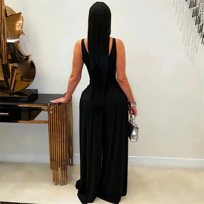Doyerl Chic Party Club Wear Women's Jumpsuits and Rompers Sleeveless Tank V-neck Hollow Out Ruched Loose Wide Leg Overalls Femme