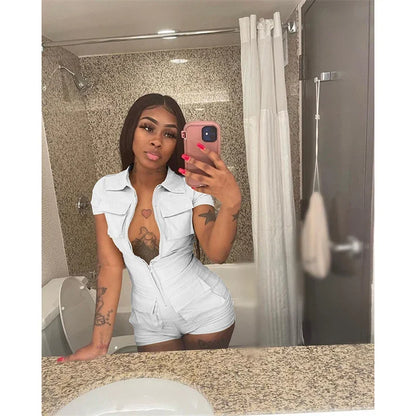 Streetwear Zipper Pockets Shorts Jumpsuit Women Clothing Short Sleeve Skinny Cargo Playsuit Summer Casual One Pieces Romper