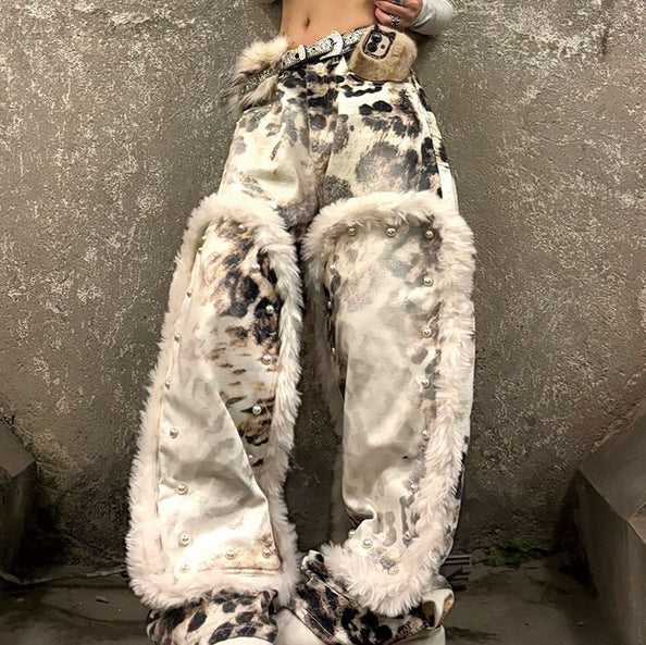 Womens American-Style Retro Leopard-Print Plush-Patchwork Denim Jeans See size chart under “more details”