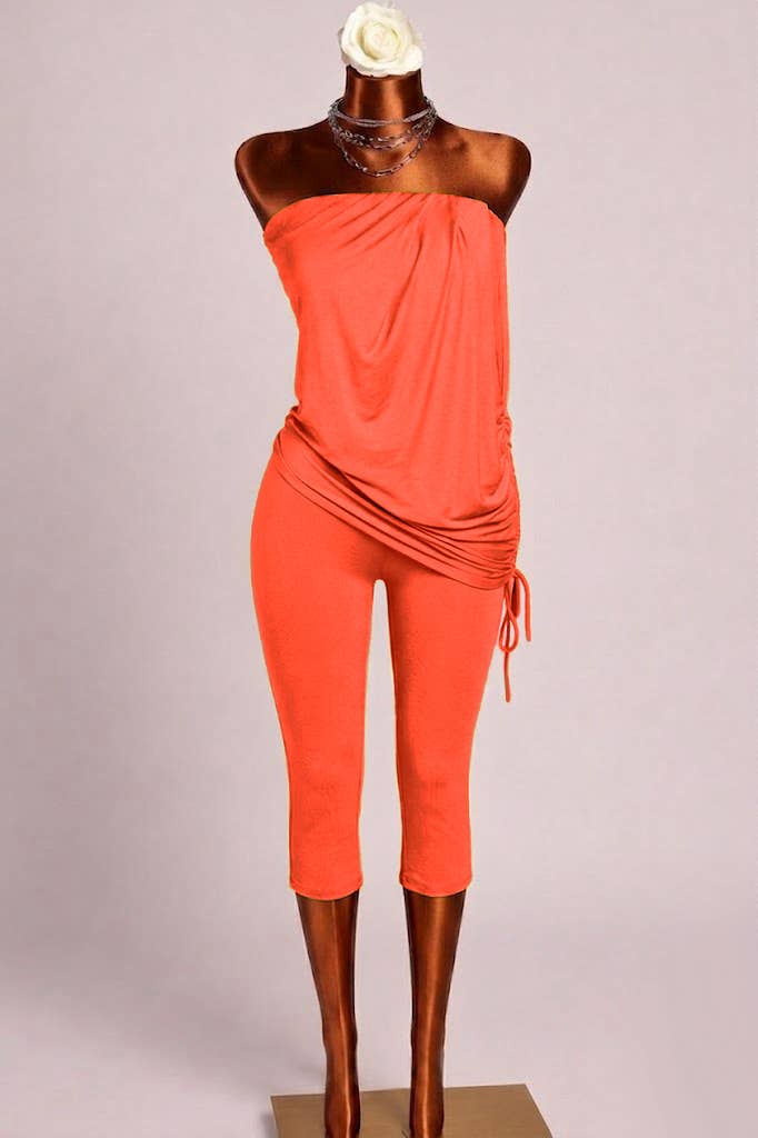 Strapless draping detailed capri jumpsuit