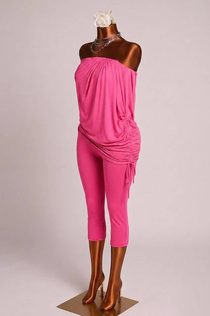 Strapless draping detailed capri jumpsuit