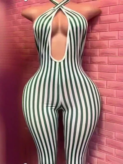 STYLISH LADY Retro Vertical Stripe Cross Halter Bodysuit 2026 Women Backless Slim Fit Knee Capri Jumpsuit Street Party Club Wear