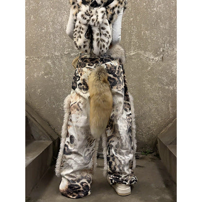 Womens American-Style Retro Leopard-Print Plush-Patchwork Denim Jeans See size chart under “more details”