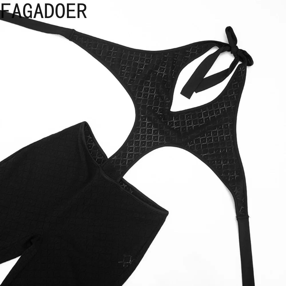 FAGADOER Sexy Lace Hollow-out Patchwork Bodycon Jumpsuits Woman Halter See Through Backless Rompers Female Streetwear Overalls