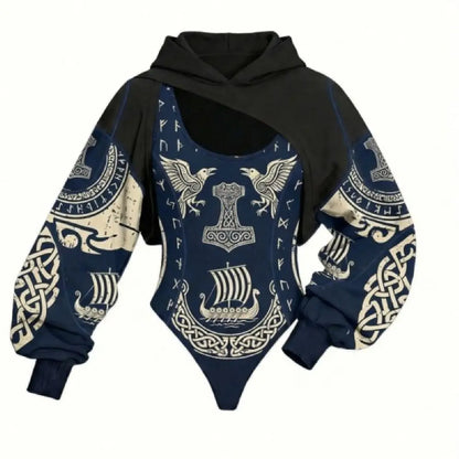 Viking Print Women's Hooded Jumpsuit Two-Piece Set Casual Daily Wear Loungewear for Home Relax Outdoor Stroll Shopping Street