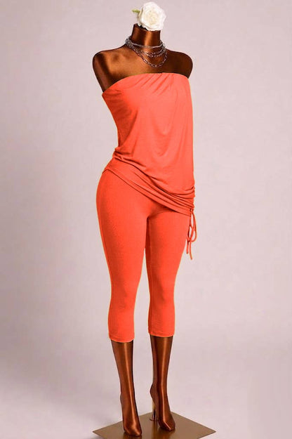 Strapless draping detailed capri jumpsuit
