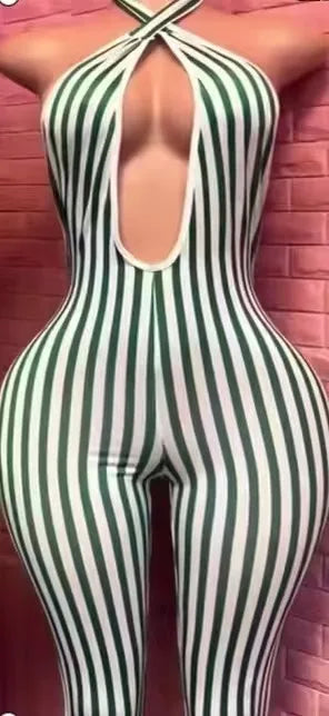 STYLISH LADY Retro Vertical Stripe Cross Halter Bodysuit 2026 Women Backless Slim Fit Knee Capri Jumpsuit Street Party Club Wear