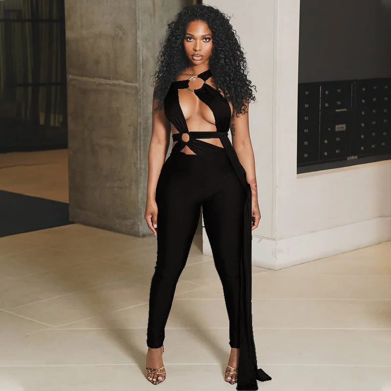 Sexy Lace-up Bandage Bodycon Jumpsuits for Woman Rave Festival Outfits Hollow Out Sleeveless Skinny Night Club Wear Party Romper