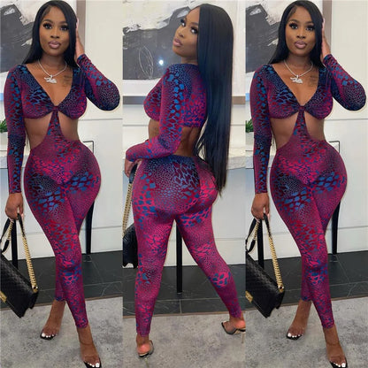 Sexy Hollow Out Rompers Womens Jumpsuit Long Sleeve Snakeskin Printed Club Wear Skinny Slim Party Jumpsuits Bodycon Overalls