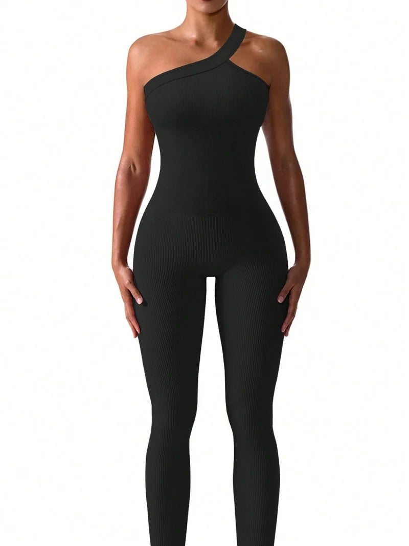 Women Knit One Shoulder Yoga Jumpsuit Solid Color Workout Ribbed Sport Jumpsuits Casual One Piece