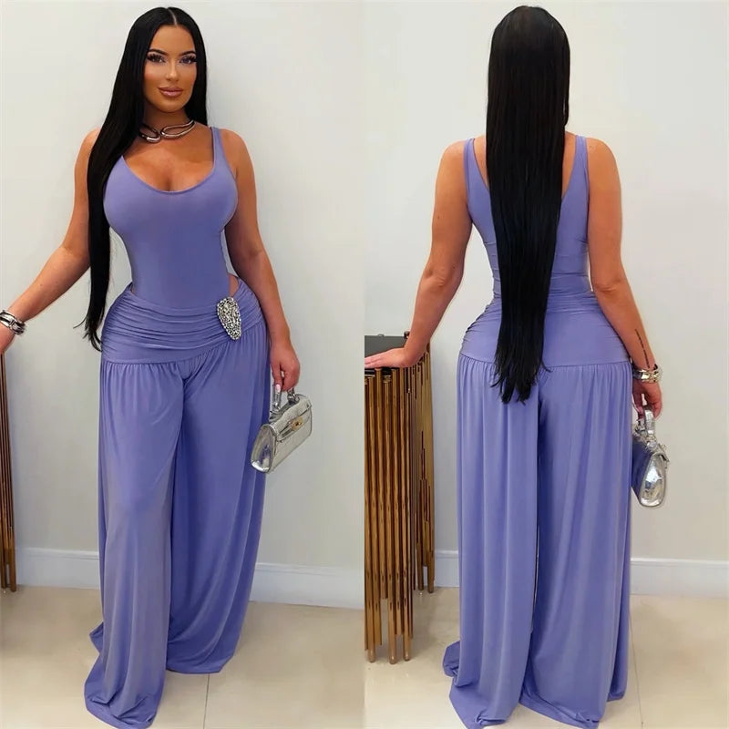 Doyerl Chic Party Club Wear Women's Jumpsuits and Rompers Sleeveless Tank V-neck Hollow Out Ruched Loose Wide Leg Overalls Femme