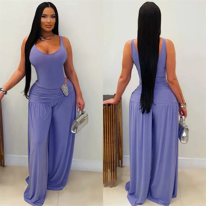 Doyerl Chic Party Club Wear Women's Jumpsuits and Rompers Sleeveless Tank V-neck Hollow Out Ruched Loose Wide Leg Overalls Femme