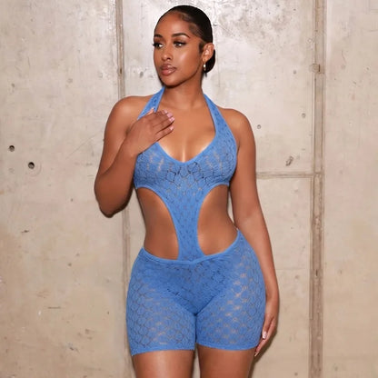 FAGADOER Sexy Lace Hollow-out Patchwork Bodycon Jumpsuits Woman Halter See Through Backless Rompers Female Streetwear Overalls