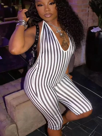 STYLISH LADY Retro Vertical Stripe Cross Halter Bodysuit 2026 Women Backless Slim Fit Knee Capri Jumpsuit Street Party Club Wear